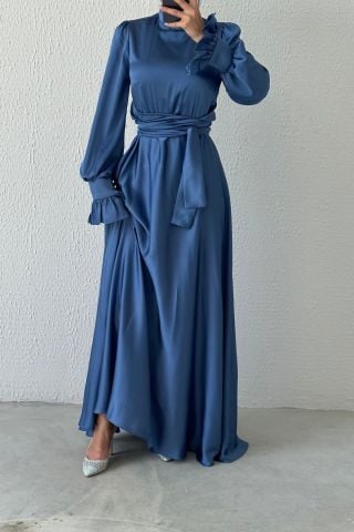 Judge Collar Flounce Sleeve Satin Hijab Evening Dress Indigo