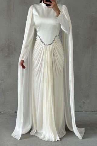 Sparkling Touch Sleeve Detailed Modest Evening Dress Ecru