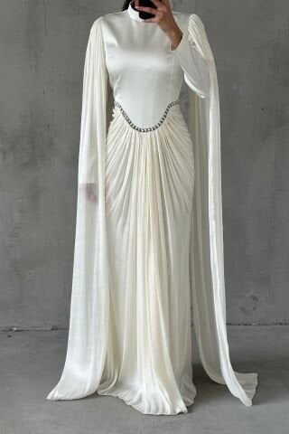 Sparkling Touch Sleeve Detailed Modest Evening Dress Ecru