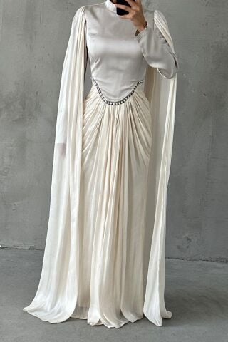 Işıltılı Dokunuş Kol Detaylı Tesettür Abiye Ekru