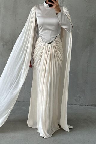 Işıltılı Dokunuş Kol Detaylı Tesettür Abiye Ekru