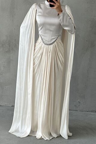 Işıltılı Dokunuş Kol Detaylı Tesettür Abiye Ekru