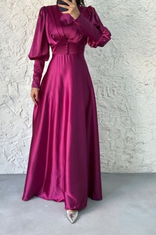 Önü Düğmeli Saten Tesettür Abiye Mürdüm