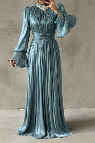 Zarif Taş Detaylı Volan Kollu Tesettür Abiye Mint Yeşili