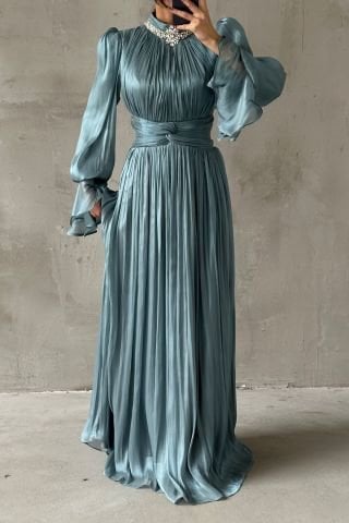 Zarif Taş Detaylı Volan Kollu Tesettür Abiye Mint Yeşili