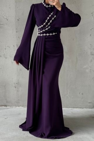 Crepe Hijab Evening Dress Purple with Tail and Thin Stone Details