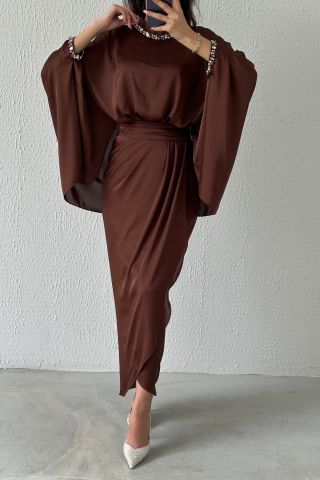 Eşsiz Tasarım Yarasa Model Saten Tesetür Abiye Kahverengi