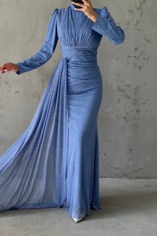 Pırıltılı Taş İşlemeli Tesettür Abiye İndigo