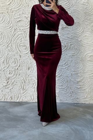 Elegan Taş Detaylı Kadife Tesettür Abiye Bordo