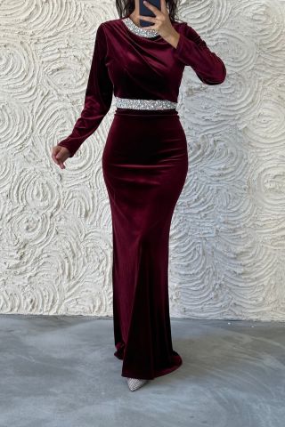 Elegan Taş Detaylı Kadife Tesettür Abiye Bordo