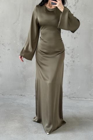 Basic Satin Modest Evening Dress with Back Tie Detail, Khaki Green