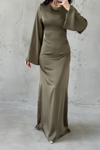Arkadan Bağlama Detaylı Basic Saten Tesettür Abiye Haki Yeşili