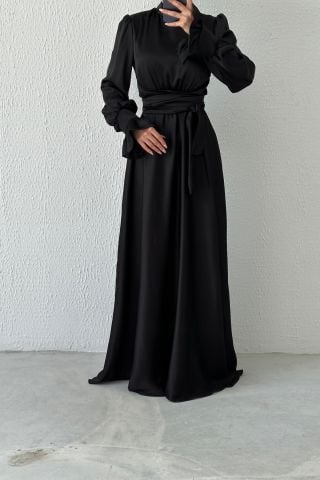 Magnificent Collar Flounce Sleeve Satin Hijab Evening Dress Black