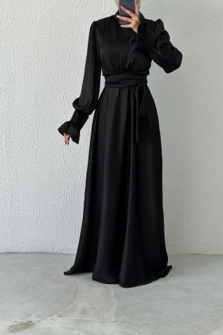 Magnificent Collar Flounce Sleeve Satin Hijab Evening Dress Black