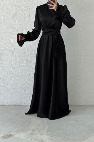 Magnificent Collar Flounce Sleeve Satin Hijab Evening Dress Black