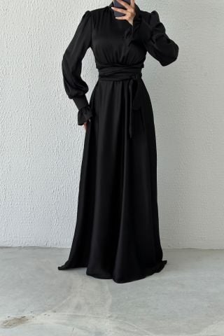 Magnificent Collar Flounce Sleeve Satin Hijab Evening Dress Black