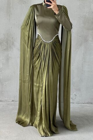 Işıltılı Dokunuş Kol Detaylı Tesettür Abiye Haki