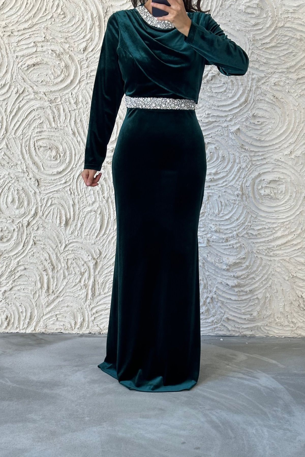 Elegan Taş Detaylı Kadife Tesettür Abiye Yeşil