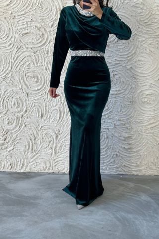Elegan Taş Detaylı Kadife Tesettür Abiye Yeşil