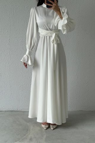 Volan Kol Detaylı Saten Tesettür Abiye Ekru