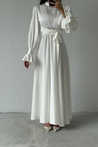 Volan Kol Detaylı Saten Tesettür Abiye Ekru