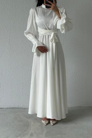 Volan Kol Detaylı Saten Tesettür Abiye Ekru