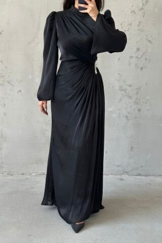 Volan Kol Drapeli Janjan Tesettür Abiye Siyah