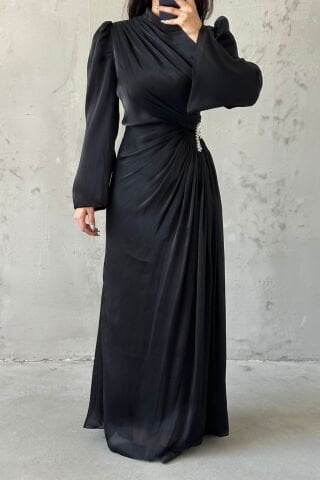 Volan Kol Drapeli Janjan Tesettür Abiye Siyah