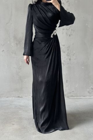 Volan Kol Drapeli Janjan Tesettür Abiye Siyah