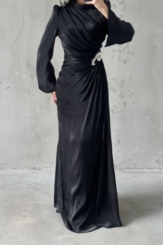 Volan Kol Drapeli Janjan Tesettür Abiye Siyah