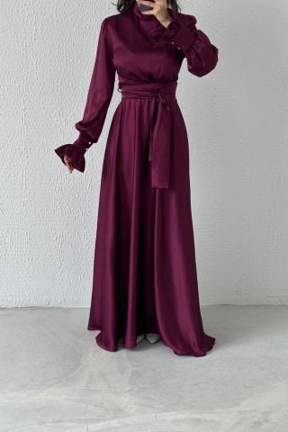 Magnificent Collar Flounce Sleeve Satin Hijab Evening Dress Plum