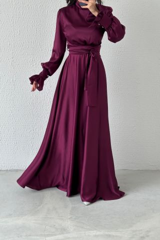 Magnificent Collar Flounce Sleeve Satin Hijab Evening Dress Plum