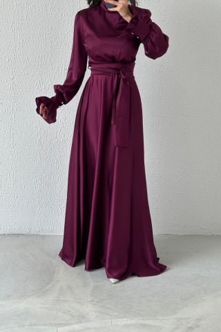 Magnificent Collar Flounce Sleeve Satin Hijab Evening Dress Plum