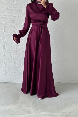 Magnificent Collar Flounce Sleeve Satin Hijab Evening Dress Plum