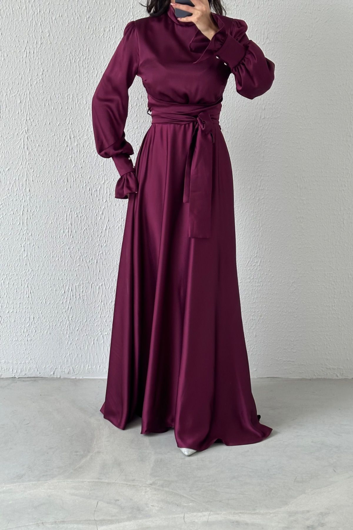 Magnificent Collar Flounce Sleeve Satin Hijab Evening Dress Plum