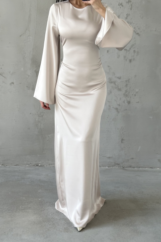 Cream Basic Satin Hijab Dress with Back Tie Detail