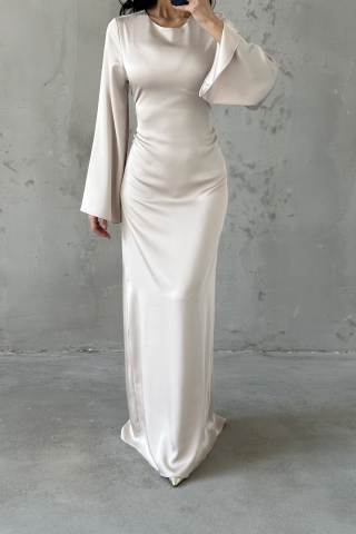 Cream Basic Satin Hijab Dress with Back Tie Detail