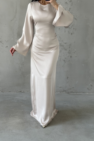Cream Basic Satin Hijab Dress with Back Tie Detail