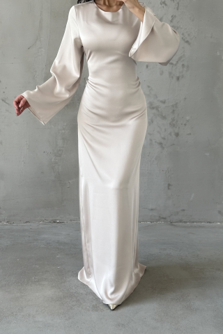 Cream Basic Satin Hijab Dress with Back Tie Detail