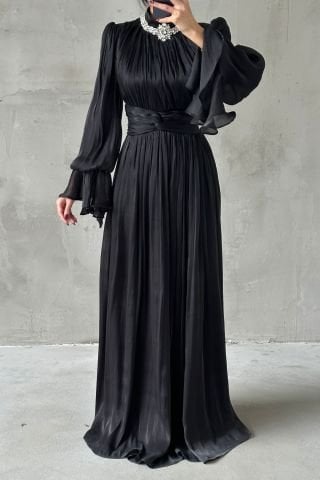 Elegant Stone Detailed Flounce Sleeve Hijab Evening Dress Black
