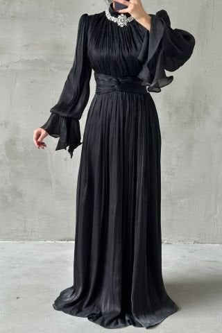 Elegant Stone Detailed Flounce Sleeve Hijab Evening Dress Black