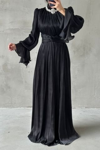 Elegant Stone Detailed Flounce Sleeve Hijab Evening Dress Black