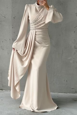 Tailed Thin Stone Detailed Crepe Hijab Evening Dress Stone