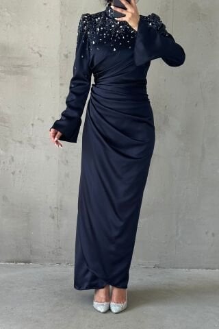 Taş İşlemeli Volan Kol Saten Tesettür Abiye Lacivert