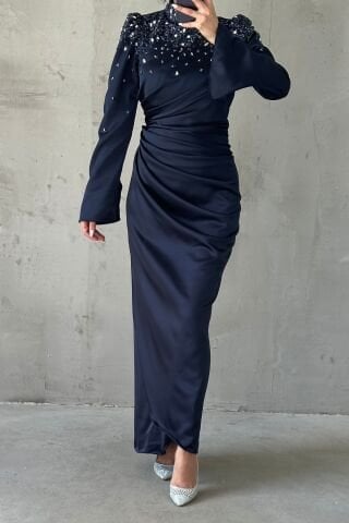 Taş İşlemeli Volan Kol Saten Tesettür Abiye Lacivert