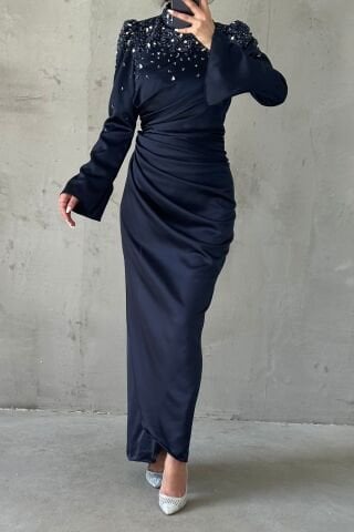 Taş İşlemeli Volan Kol Saten Tesettür Abiye Lacivert