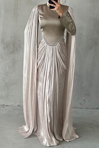 Işıltılı Dokunuş Kol Detaylı Tesettür Abiye Vizon