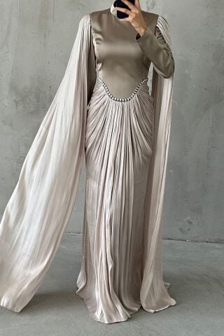 Işıltılı Dokunuş Kol Detaylı Tesettür Abiye Vizon