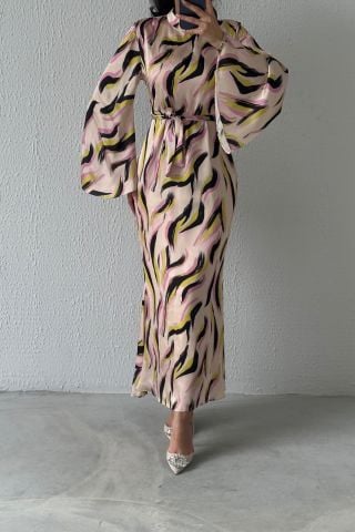 Colorful Patterned Satin Flounce Sleeve Hijab Evening Dress Lilac