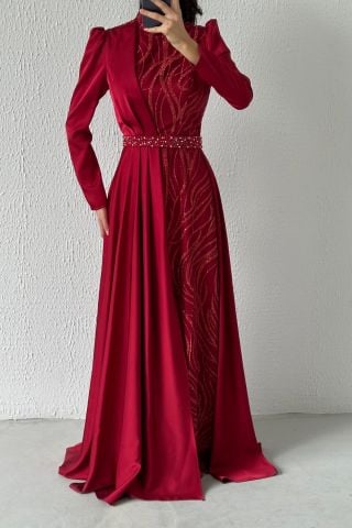 Dazzling Model Cape Satin Hijab Evening Dress Claret Red